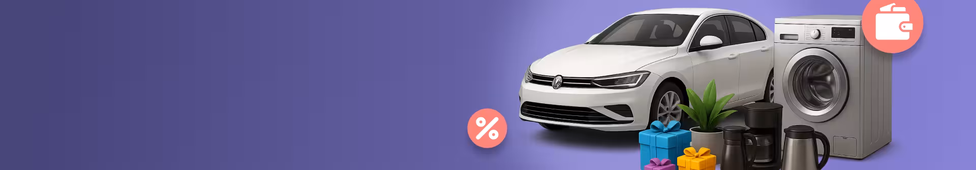 Automobilis, technika ir dovanos – pirkinių, finansuojamų paskola, simbolis.